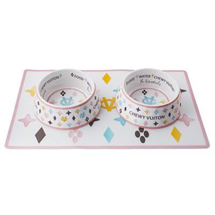 White Chewy Vuiton Bowls & Mat Set - Image 2