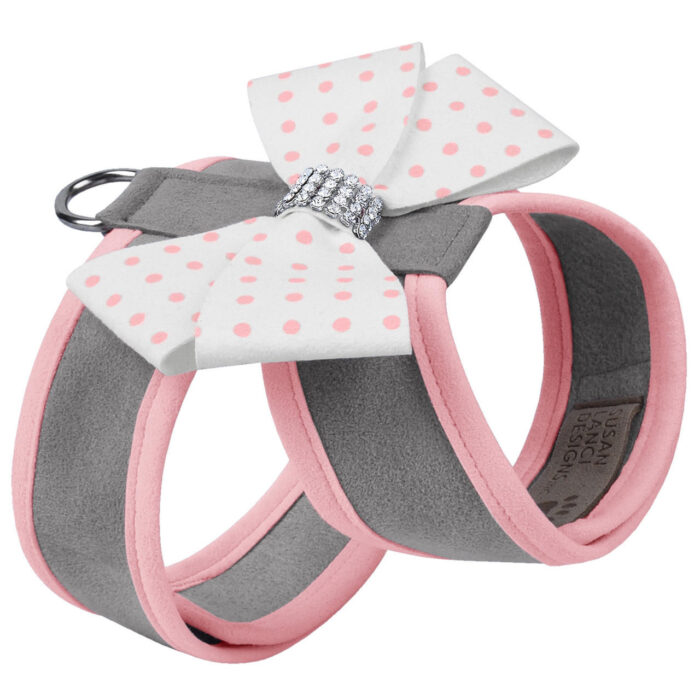 Susan Lanci Puppy Pink Polka Dot Nouveau Bow Tinkie Harness with Puppy Pink Trim - Image 1